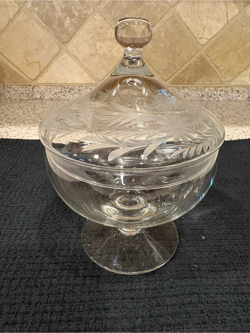 vintage pedestal candy dish features a delicate etched floral design